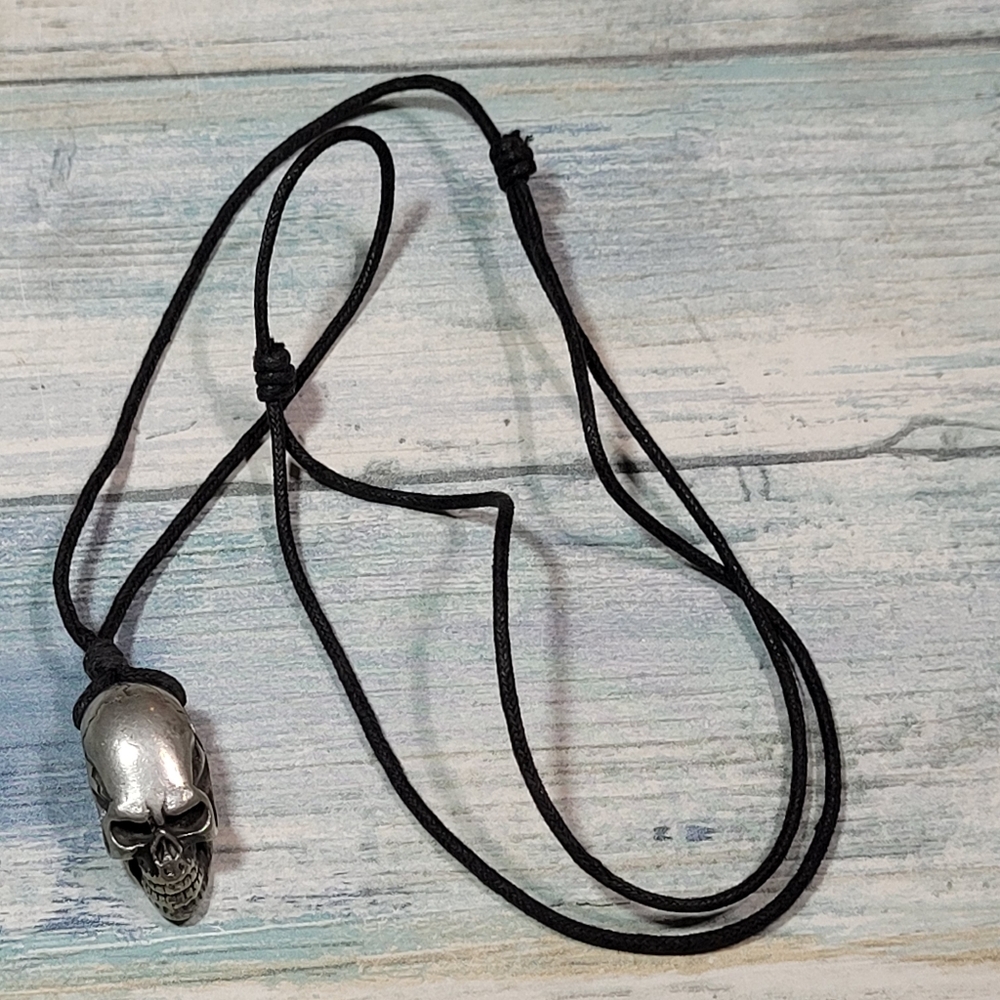 Skull Pewter Pendant Cord Necklace.
